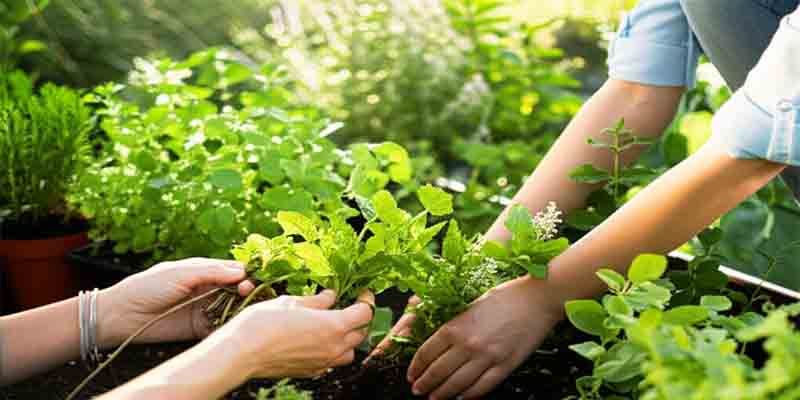 A person gently tending to a small, lush herb garden with visible peppermint, chamomile, and lavender plants under soft sunlight.