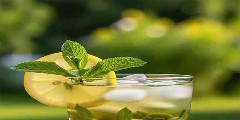 A refreshing glass of iced peppermint tea with a lemon slice and mint sprig, set against a blurred background of a summer garden.