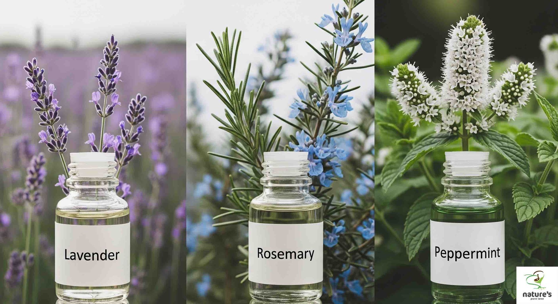 Small bottles of lavender, rosemary, and peppermint essential oils with their respective plants in the background.
