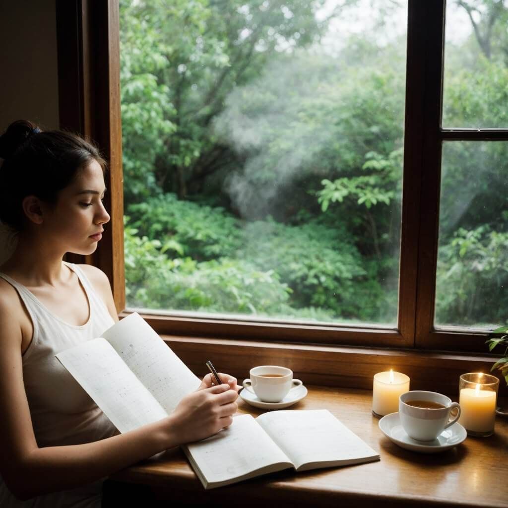 A person writing in a journal, surrounded by calming elements like candles, plants, and a cup of herbal tea.