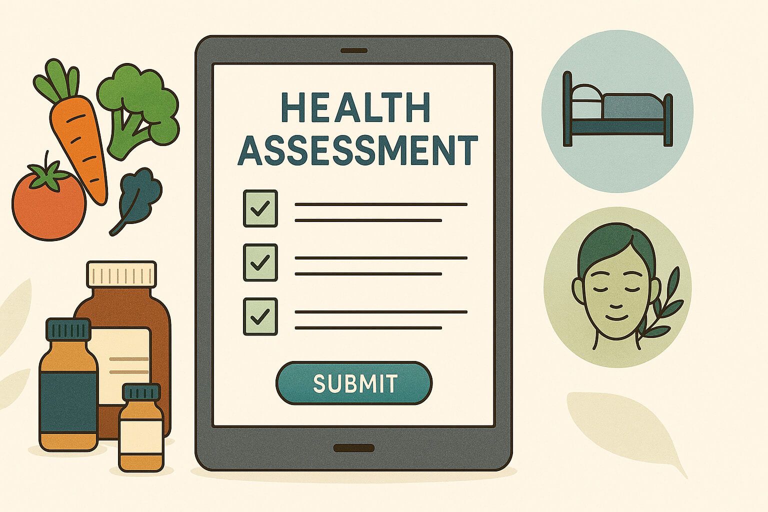 A health and lifestyle assessment with visuals representing nutrition, stress, sleep, and supplements – the first step in personalised coaching.