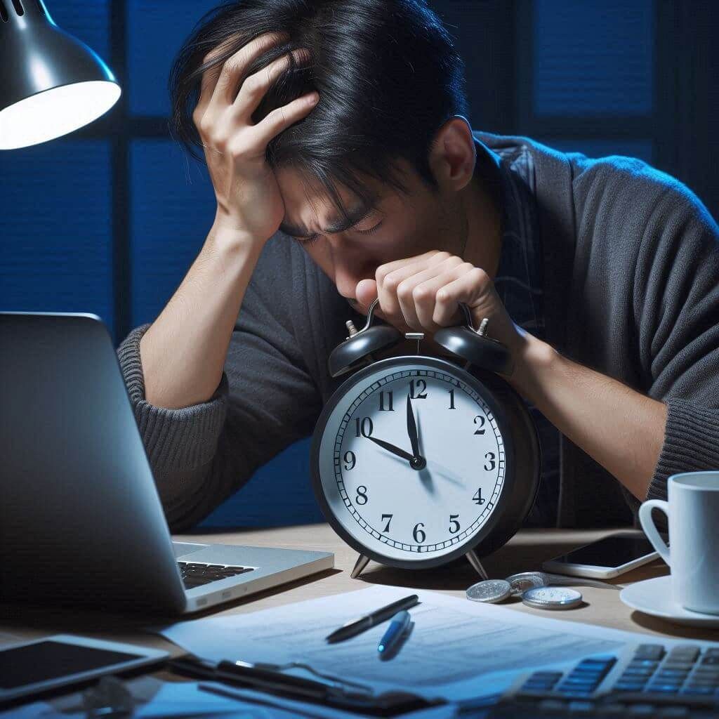 A tired man working extra hours
