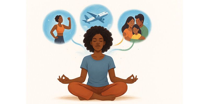 Illustration of a woman visualising positive thoughts with brainwave patterns, symbolising NLP and mindset transformation