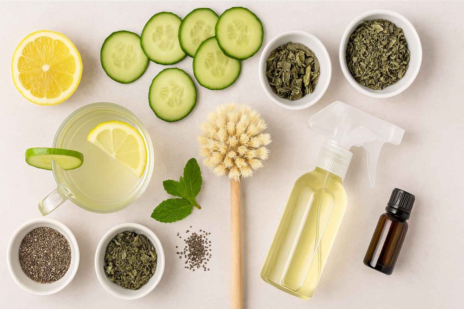 Spring detox essentials including lemon water, green tea, fibre-rich foods, and essential oils for home cleansing