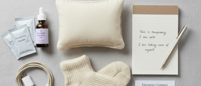 An organised flat-lay of a Flare-Up Crisis Kit, including a heat pad, a journal with a written affirmation, electrolyte sachets, and soft clothing, representing the essentials needed for proactive comfort and care during a symptom flare.