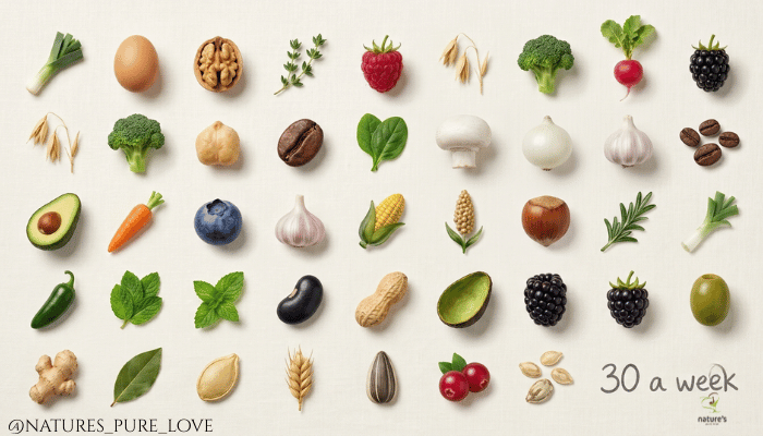 A chart of thirty different plant foods including vegetables, pulses, nuts, herbs and grains, illustrating the goal of eating 30 plants a week for a more diverse gut microbiome.
A chart of thirty different plant foods including vegetables, pulses, nuts, herbs and grains, illustrating the goal of eating 30 plants a week for a more diverse gut microbiome.