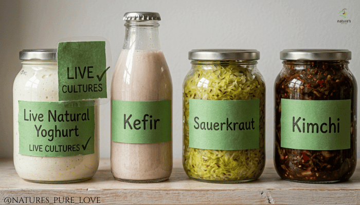 Jars of live yoghurt, kefir, sauerkraut and kimchi on a chilled shelf, with a label reading live cultures, showing which fermented foods support gut health.