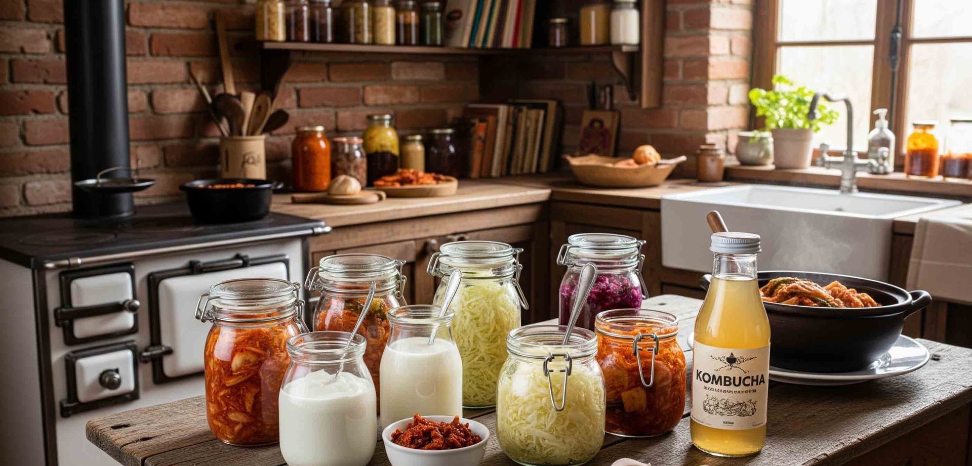 Fermented foods like yogurt, kefir, sauerkraut, kimchi, and kombucha in a rustic kitchen setting.