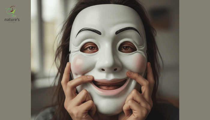 A person holding a smiling mask that hides visible exhaustion, symbolizing the emotional burden and masking of invisible illness.