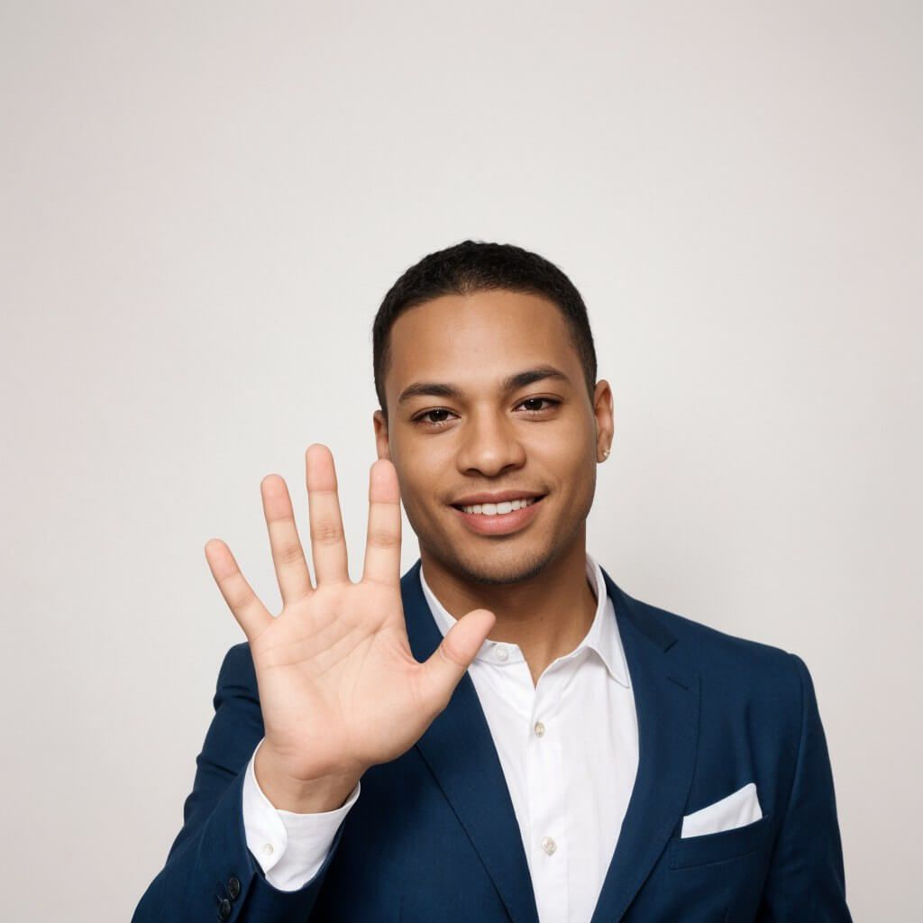 A confident person holding up a hand in a gentle but firm