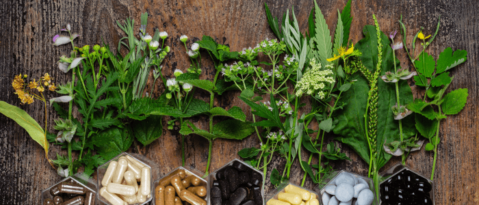A collection of herbal supplements, including tinctures, capsules, powdered herbs, and teas, on a wooden table.