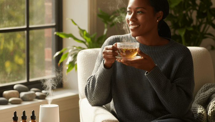 Parent practising daily self-care with tea, journal and essential oils — promoting mindfulness, renewal and holistic wellness for caregivers.