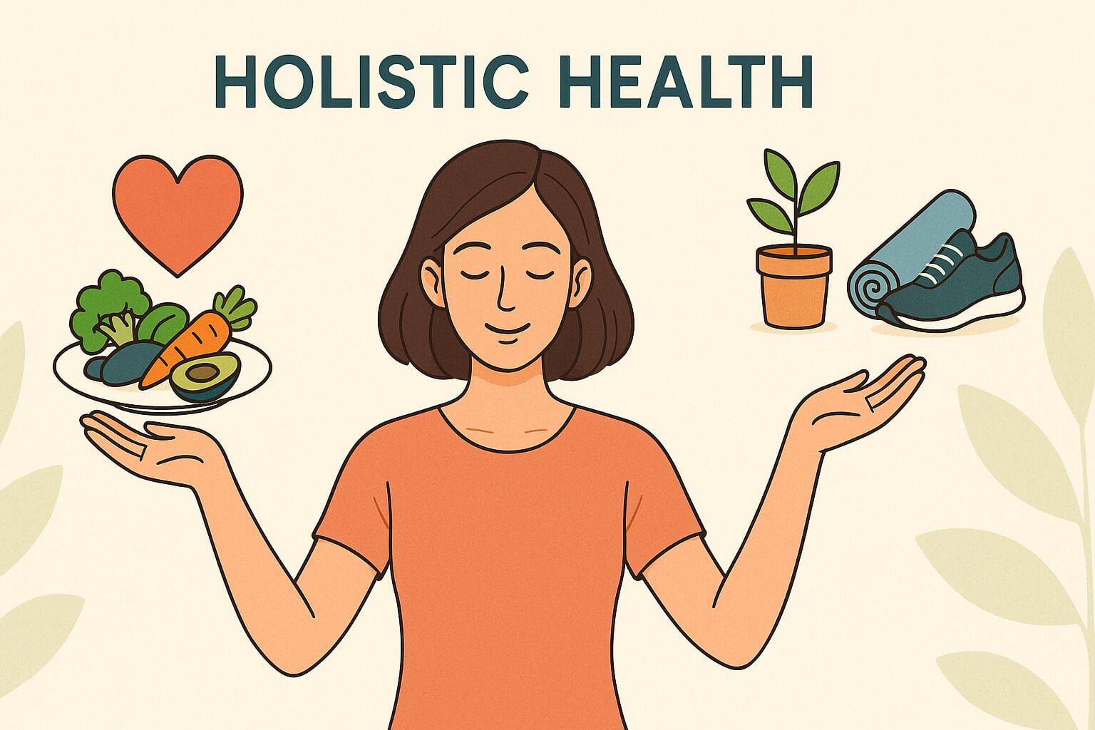 Visual representation of holistic health showing food, emotional well-being, movement, and environment—key focus areas of a nutritional coach.