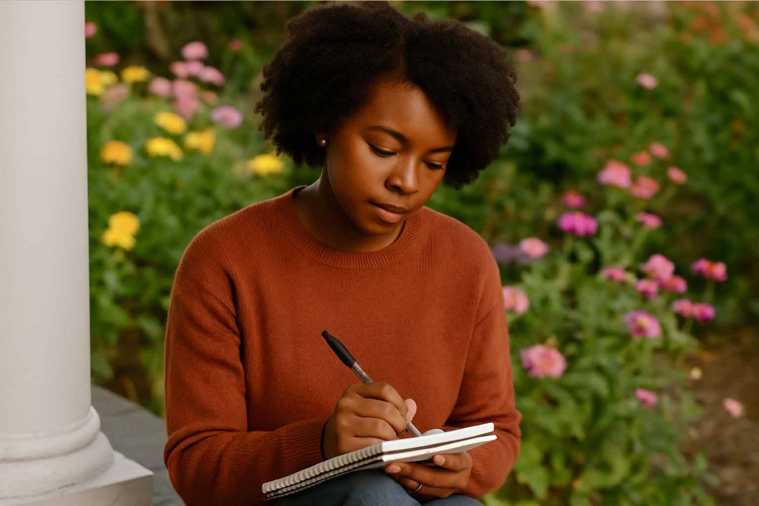 Emotional detox through journalling in a spring garden setting to support mental clarity and release