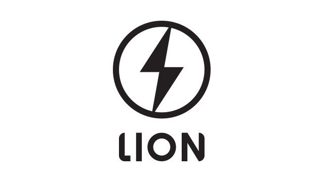 A black and white logo for lion with a lightning bolt in a circle.