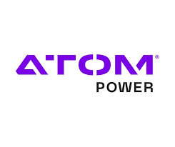 A purple and white logo for atom power on a white background.