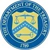 The seal of the department of the treasury is a shield with scales of justice and a key.
