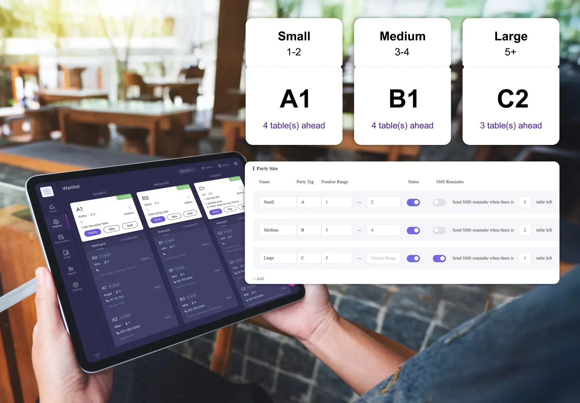 zbs product front waitlist back office interface on tablet with graphics of customer facing interface to see table types and number table ahead of party and adjust party size limits