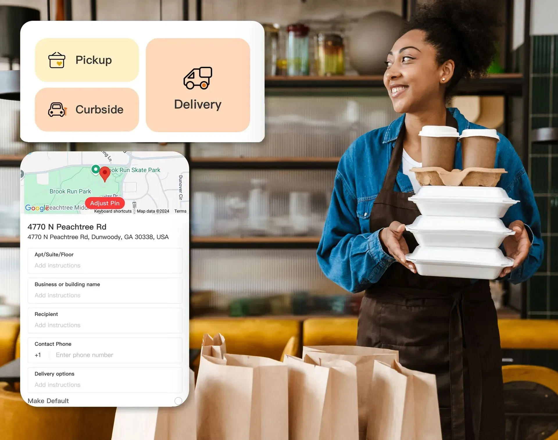 ZBS restaurant online ordering app delivery and pickup interfaces waitress holding takeout boxes