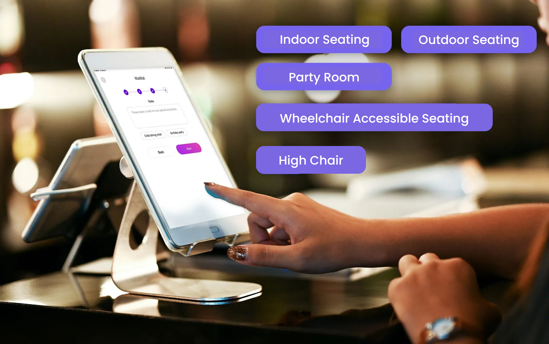 A customer interacts with a ZBS POS Front Waitlist tablet on a restaurant counter. The tablet interface displays the 'Front Waitlist Note Preferences' page, featuring clear graphics and selection buttons for guests to input their dining preferences, such as seating or dietary needs.