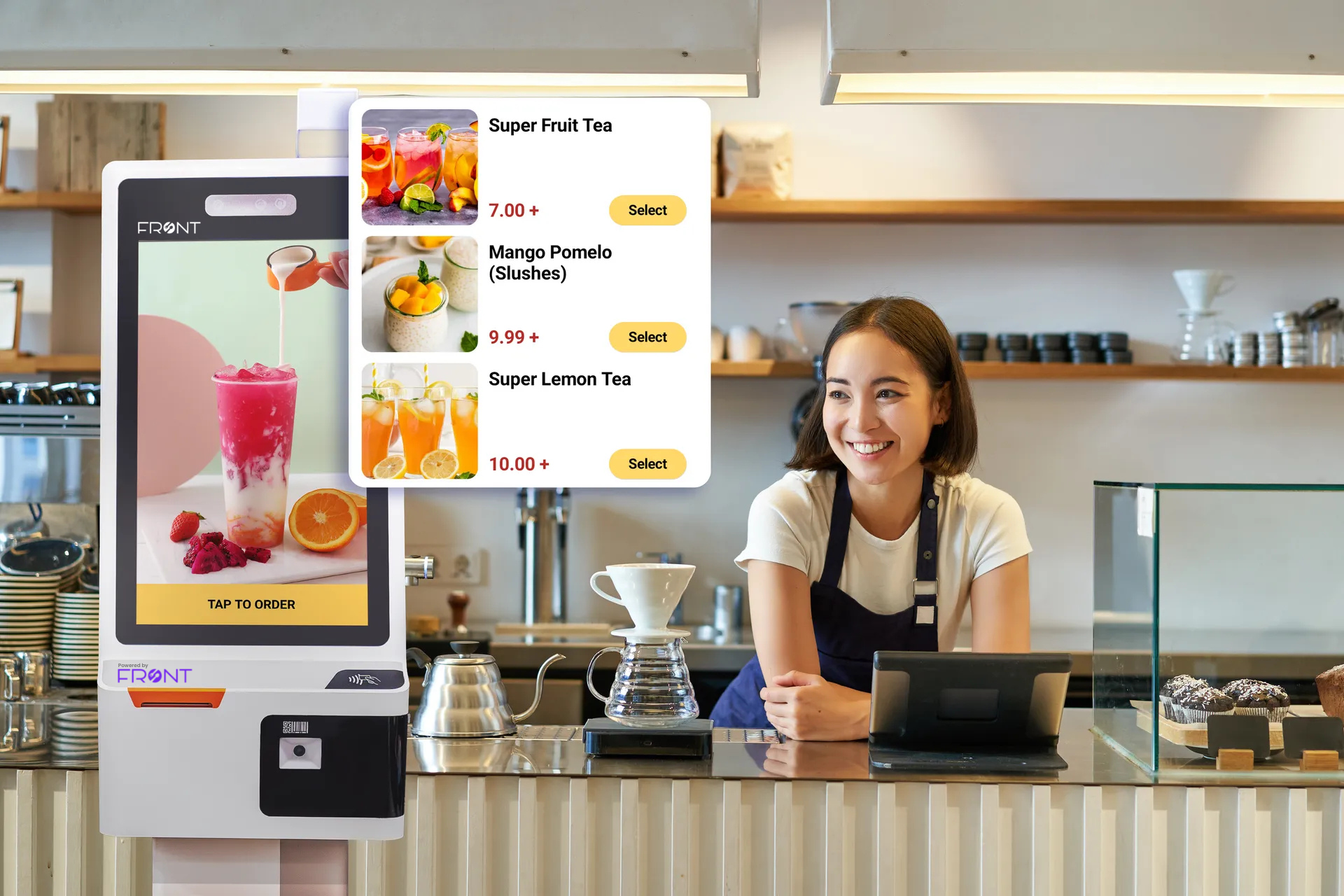 zbs product front self ordering kiosk in cafe with milk tea boba display on kiosk menu ordering interface