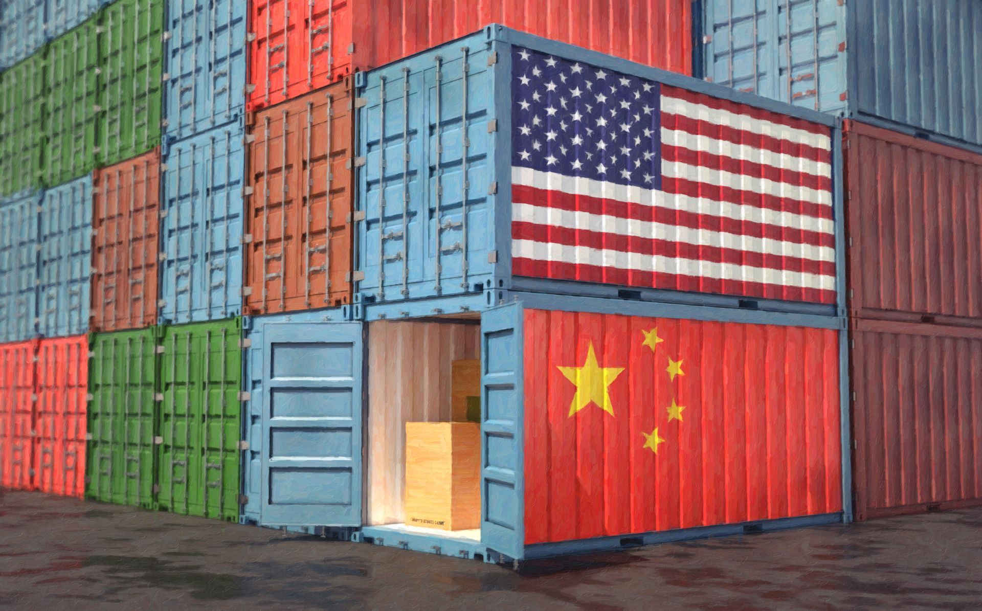 import crates wtih american and chinese flag