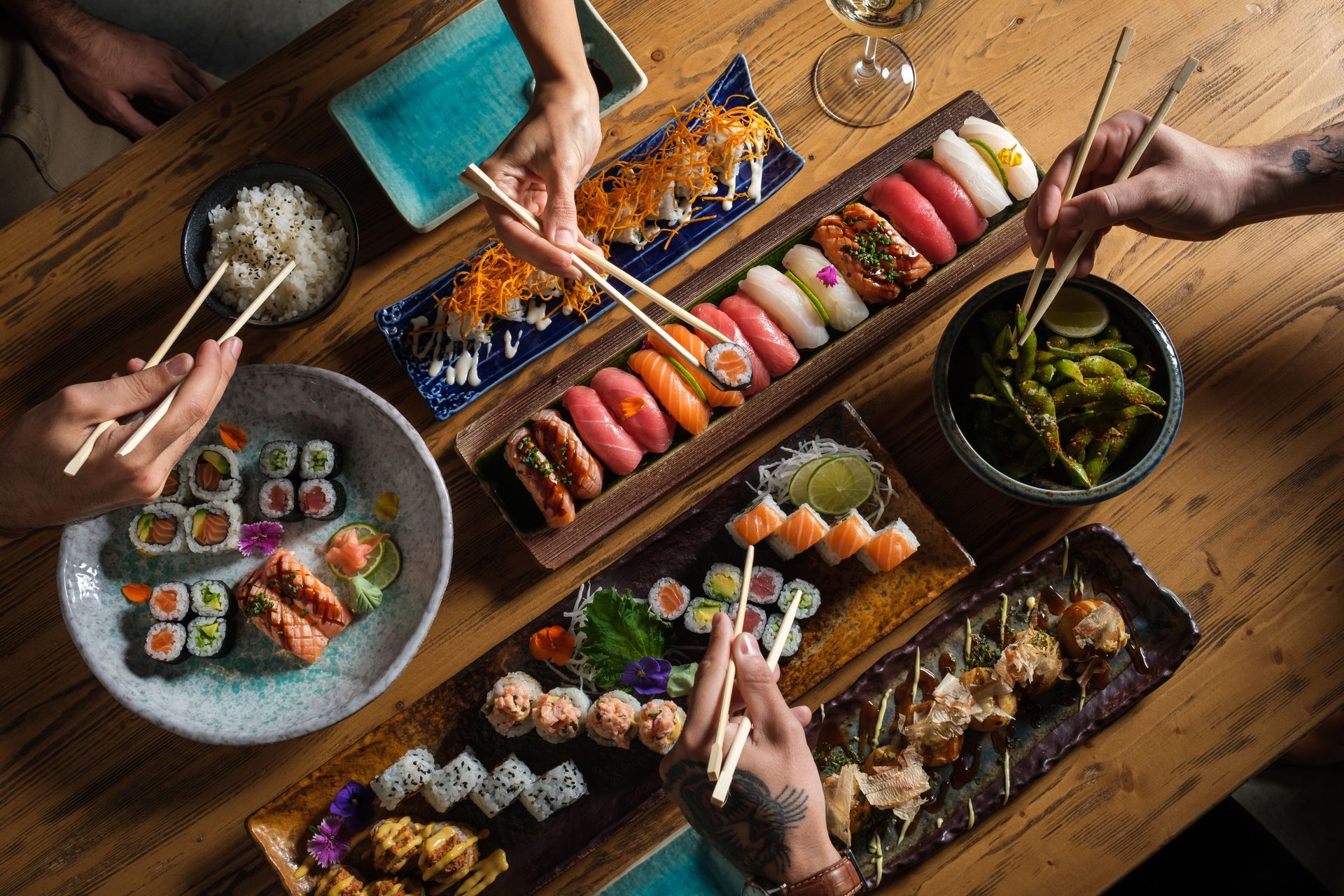 People eating traditional Japanese food