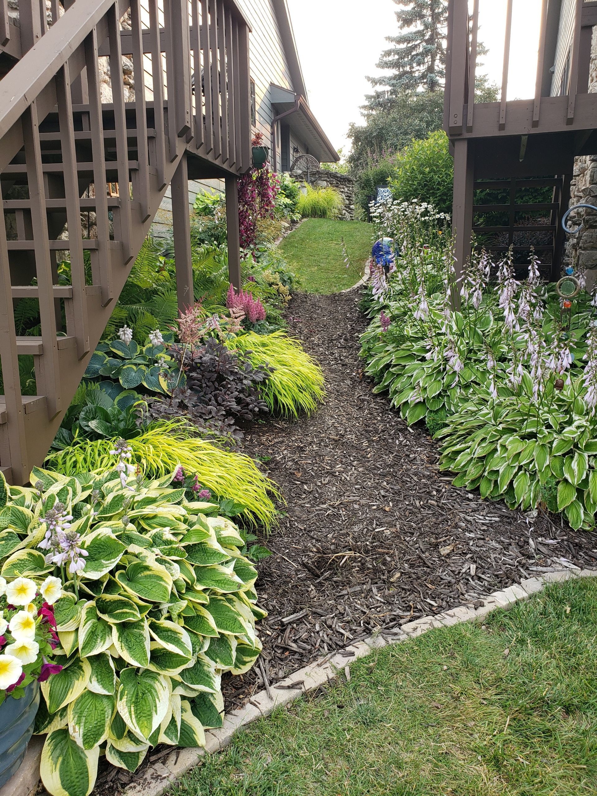 A narrow walkway between two houses with a grill and a hose.