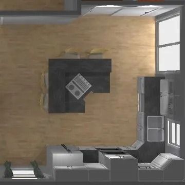 A computer generated image of a living room with a couch and a desk.
