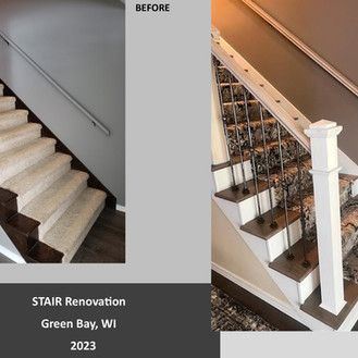 A before and after picture of a stair renovation in Green Bay, WI.