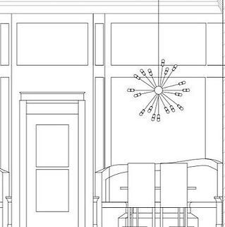 A black and white drawing of a dining room with a chandelier hanging from the ceiling.