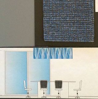 A drawing of a room with a table and chairs