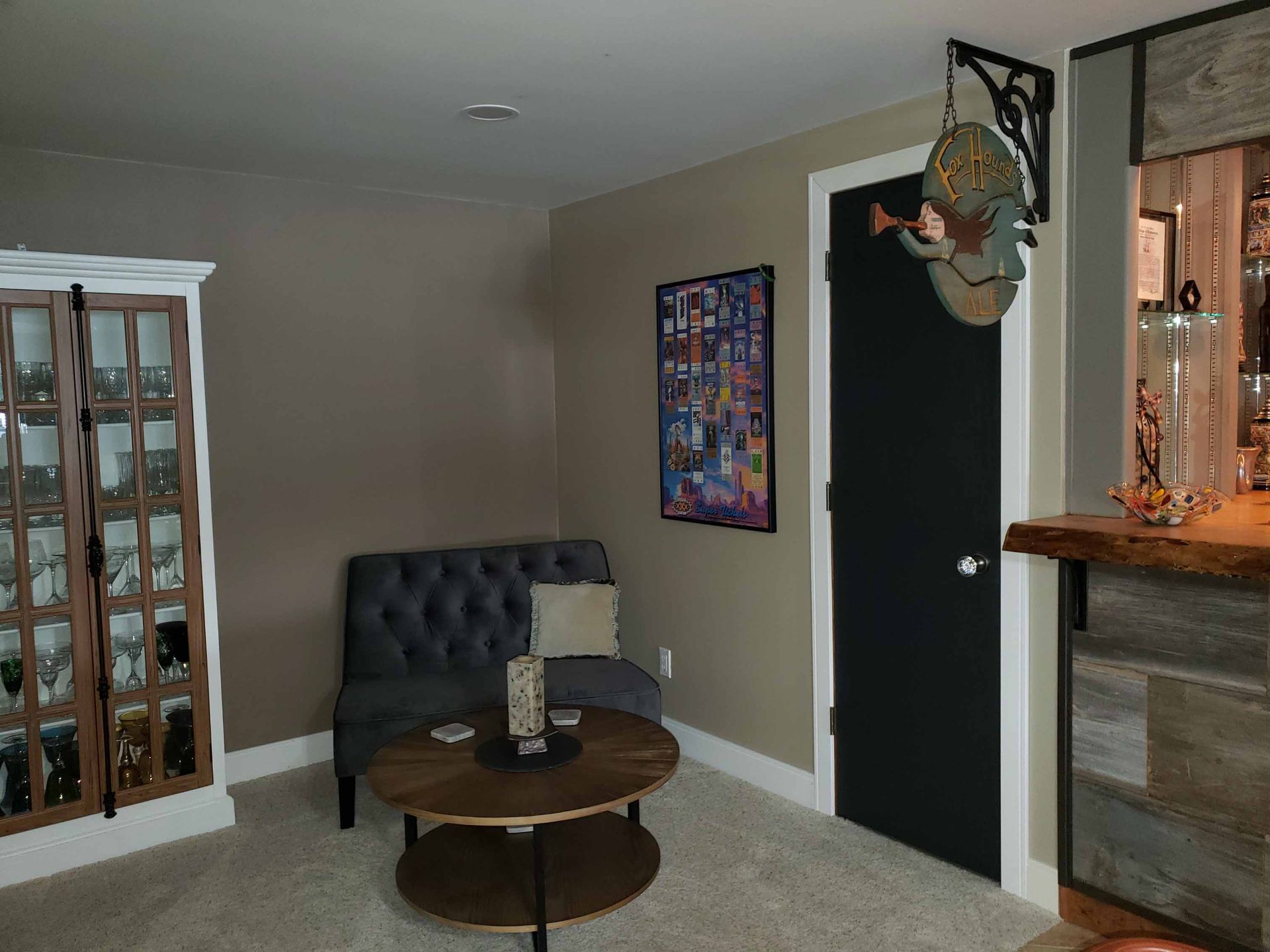 A living room with a couch and a coffee table