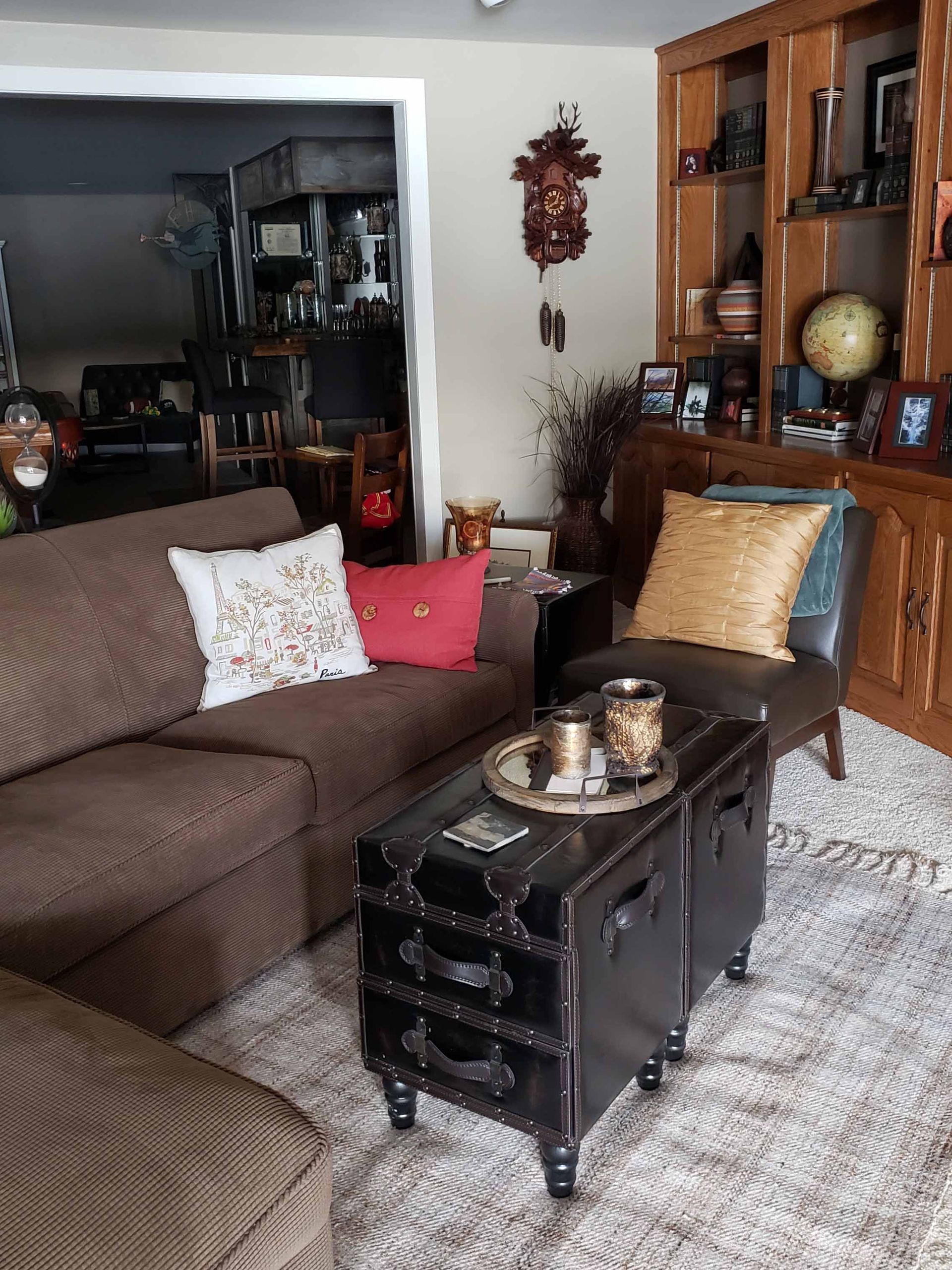 A living room with a couch and a coffee table