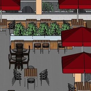 A drawing of tables and chairs with red umbrellas