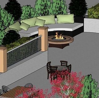 A drawing of a patio with a fire pit and a couch