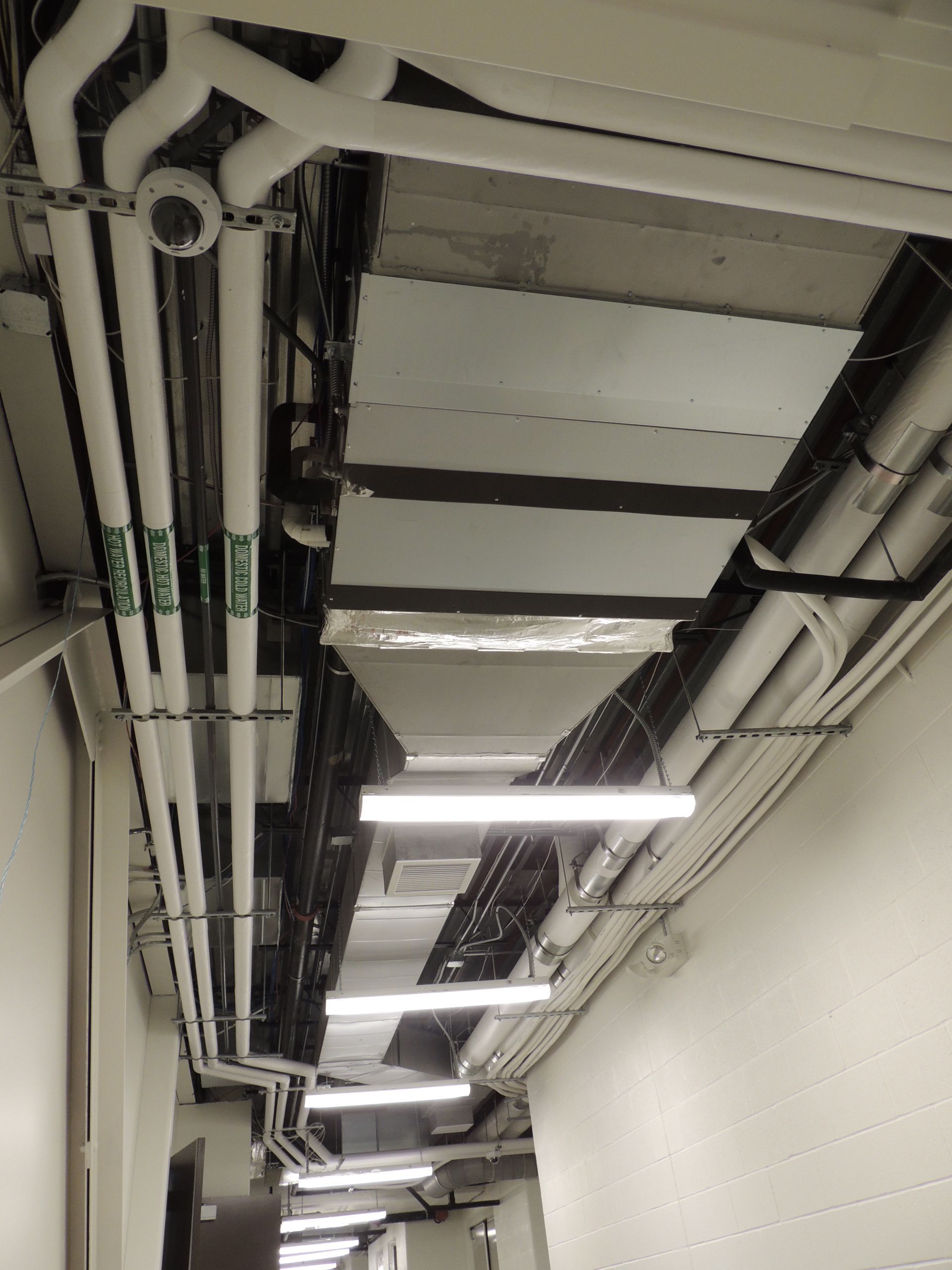 A hallway with a lot of pipes hanging from the ceiling