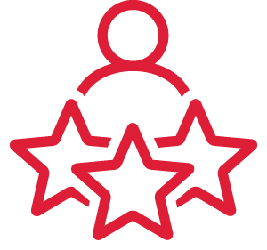 A red icon of a person holding three stars.