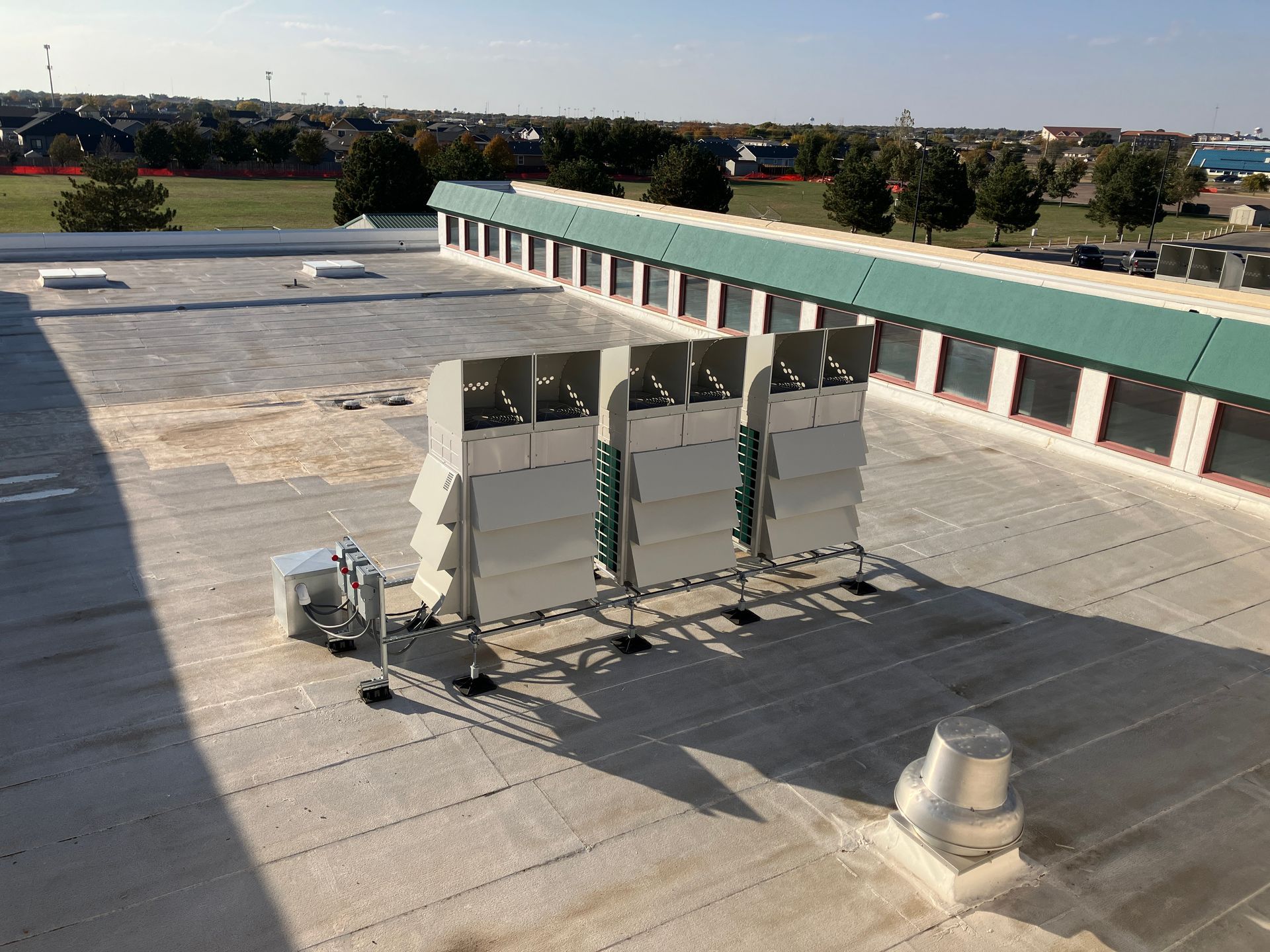 The roof of a building with a green roof