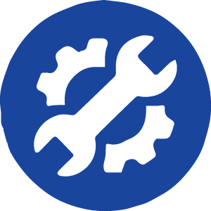 An icon of a wrench and gears in a blue circle.