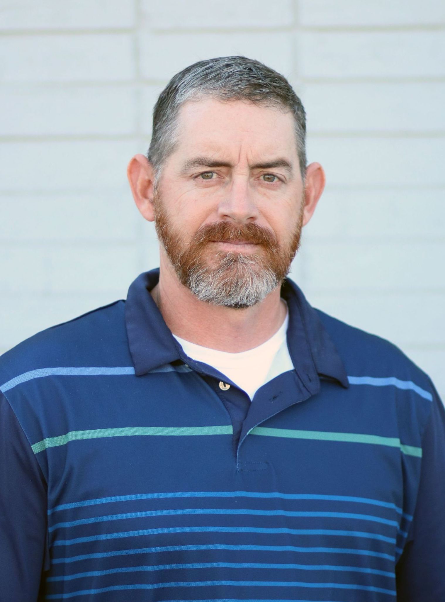 A man with a beard is wearing a blue striped shirt.