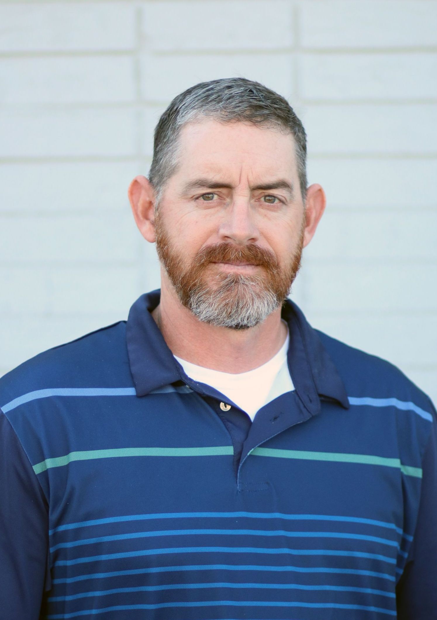 A man with a beard and mustache is wearing a blue and green striped shirt.