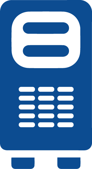 A blue and white icon of a cell phone on a white background.