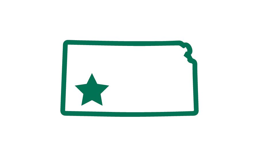 A green outline of a state with a green star on it.