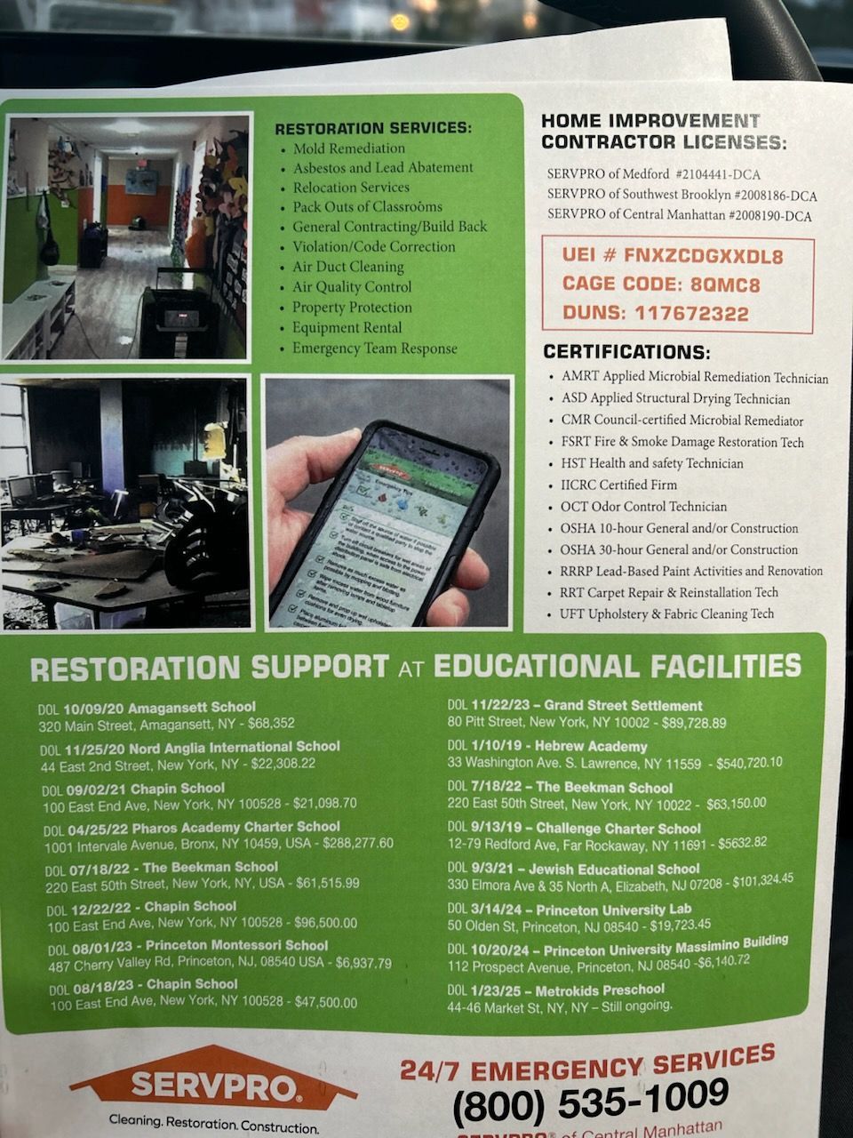 Advertisement for SERVPRO restoration services, listing certifications and contact information.