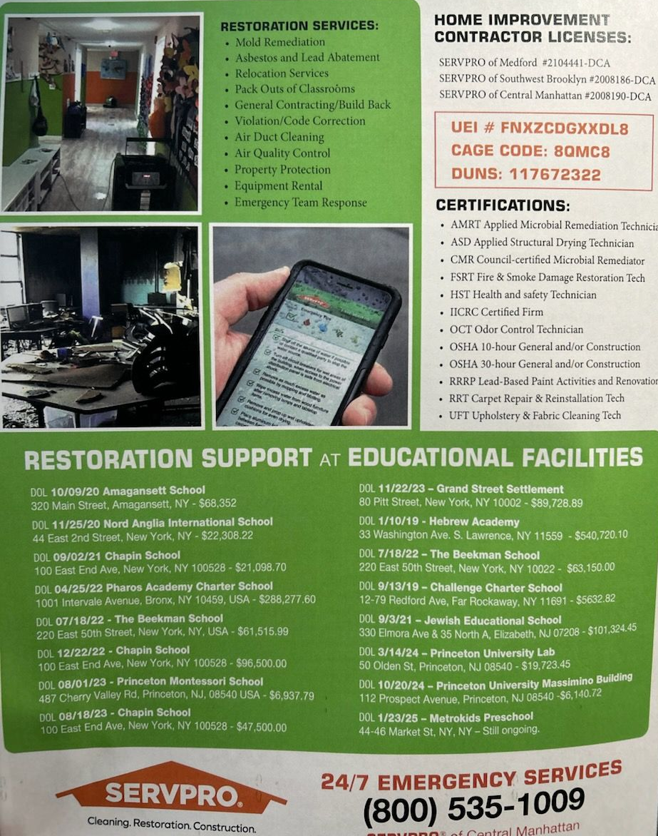 Advertisement for SERVPRO restoration services, listing certifications and support services.