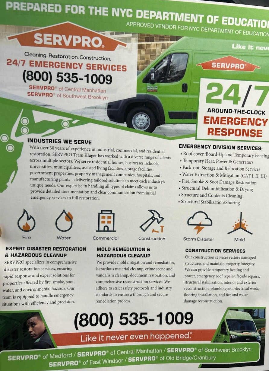 SERVPRO advertisement for 24/7 emergency services, includes a green service van and a phone number.
