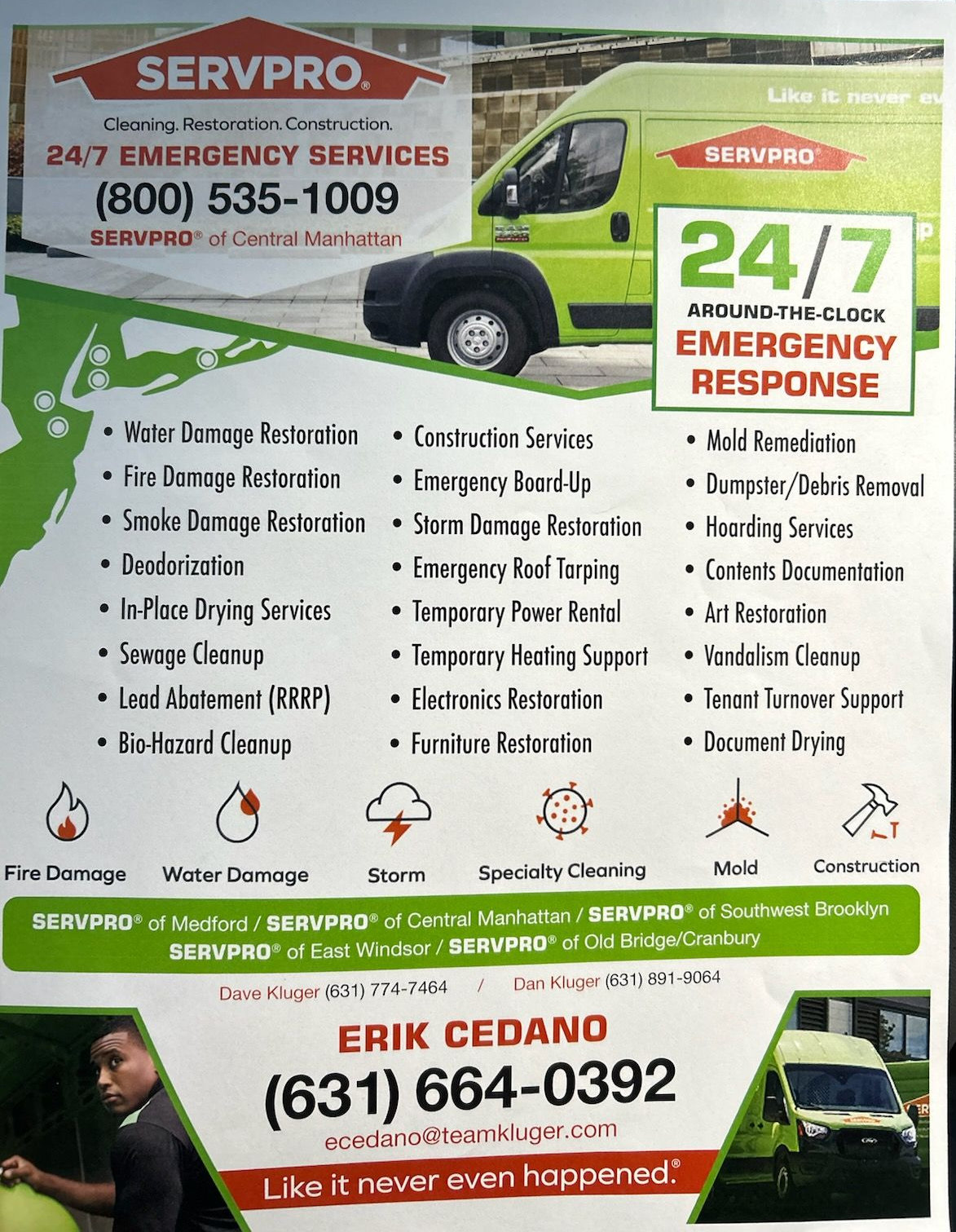 Advertisement for SERVPRO, emergency services. Includes a green van, list of services, and contact information.