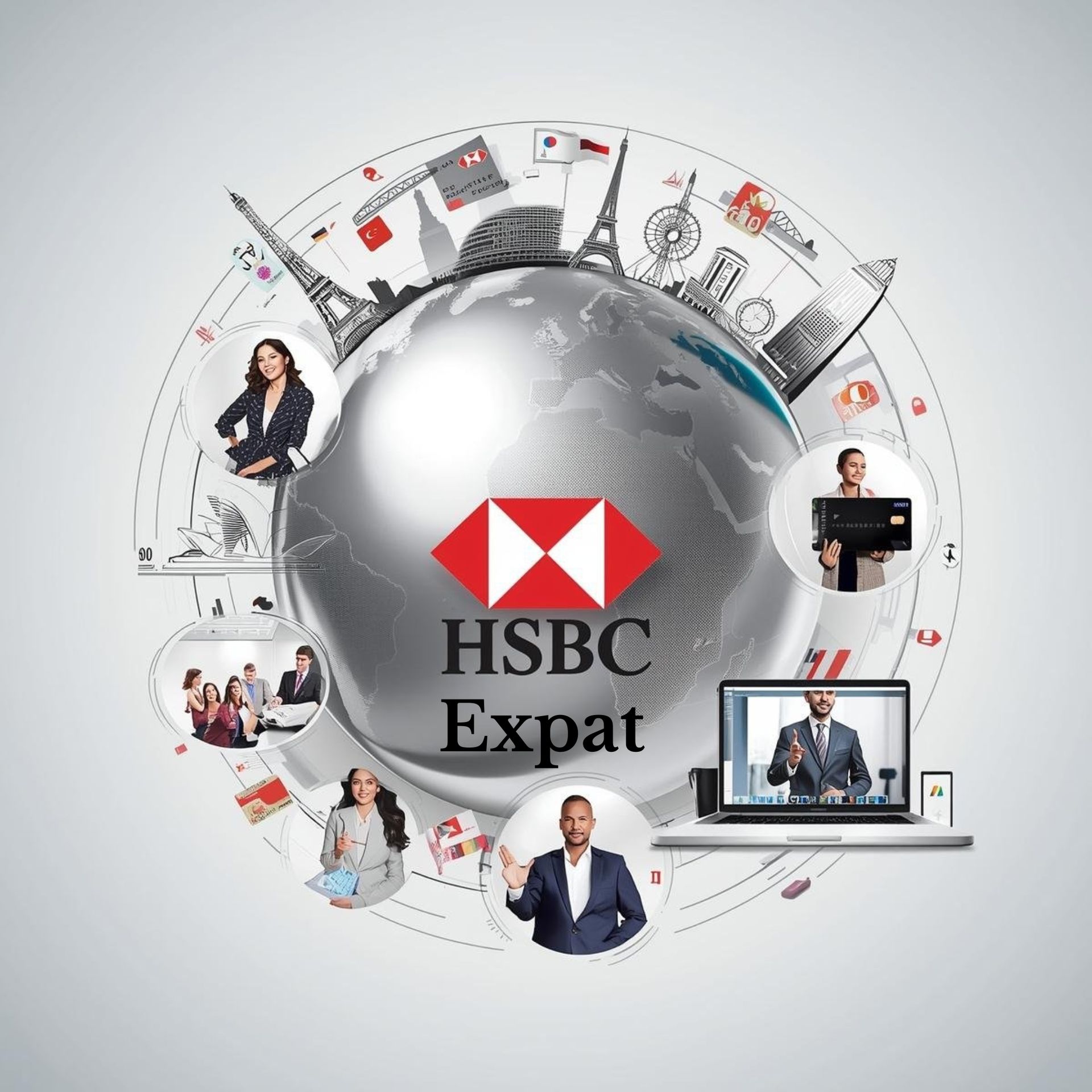 HSBC Expat Review: Logo, expats from around the world, travel landmarks, and credit cards.