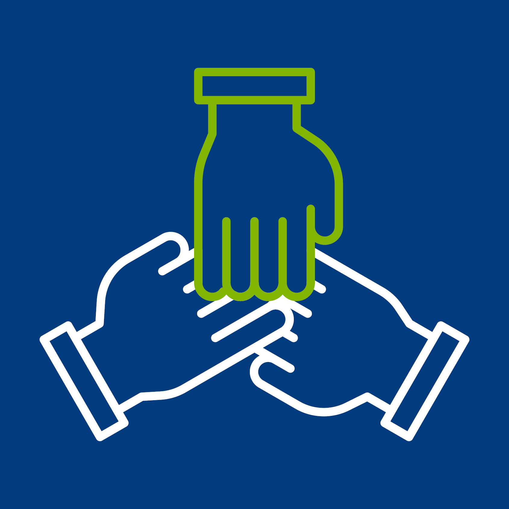 A line drawing of three hands holding each other on a blue background.